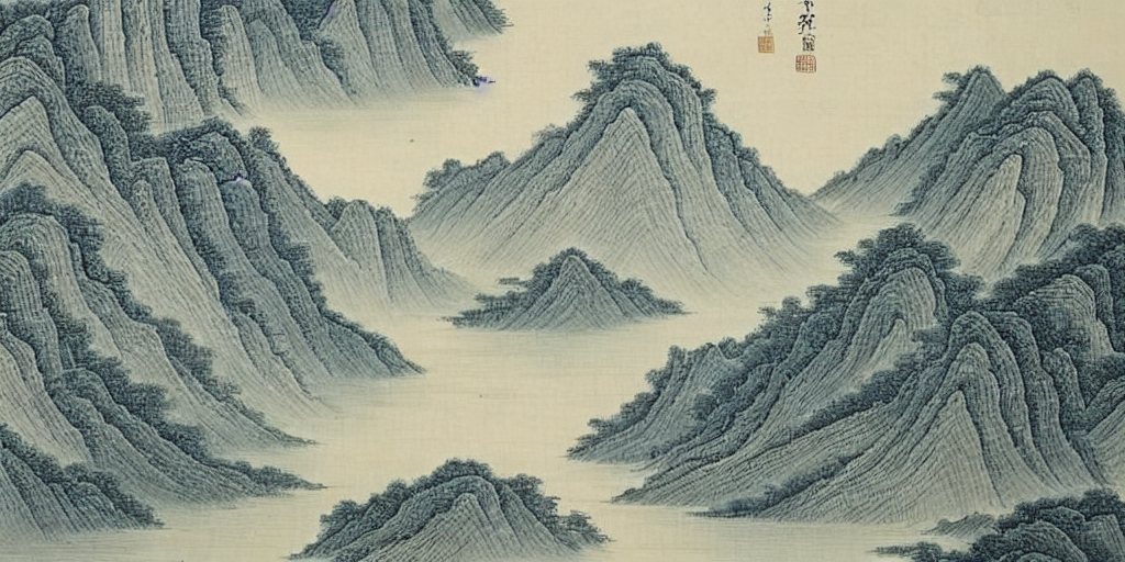 The_mountains end with the plain, the river flows into the wilderness,chinese style